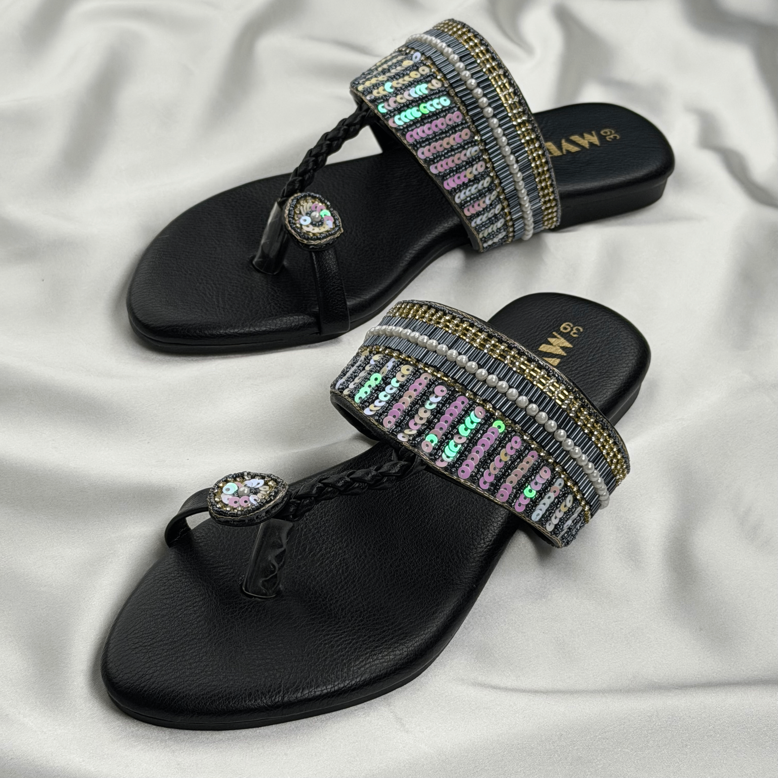 Iria Black Zardosi Chappal - MYRO