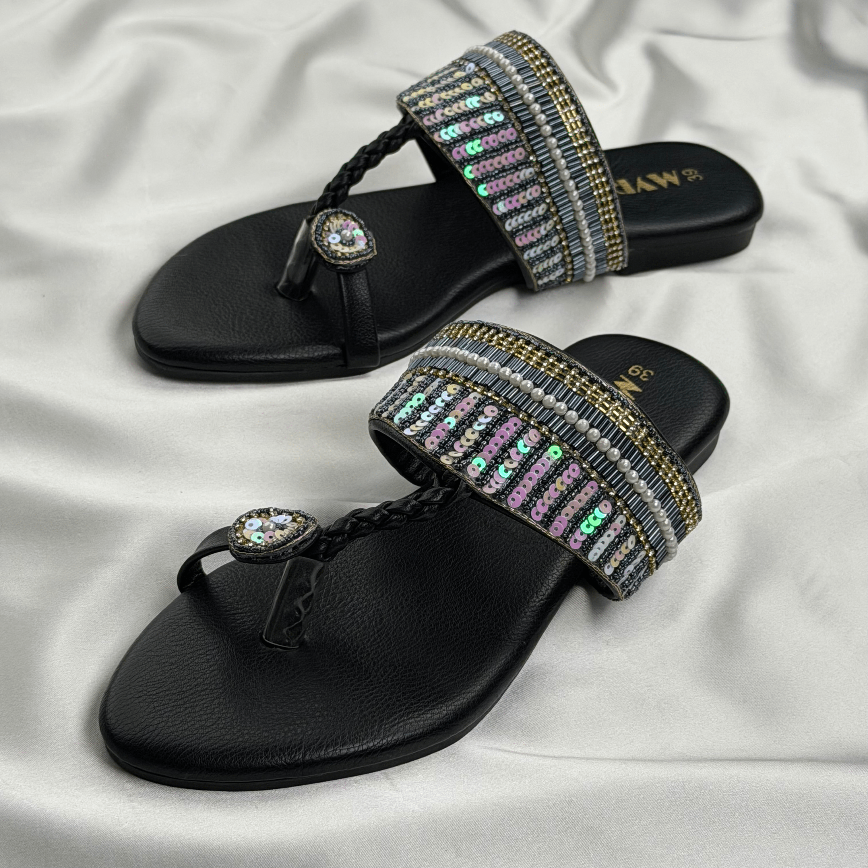 Iria Black Zardosi Chappal - MYRO
