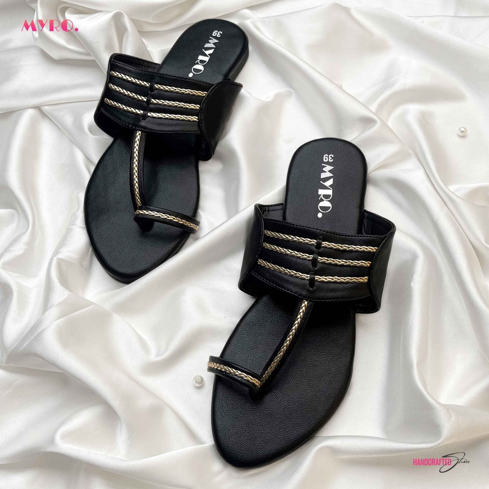 Myro Black Golden Braided Chappal - MYRO